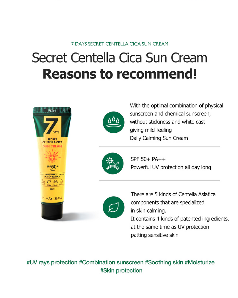 MAY ISLAND 7 Days Secret Centella Cica Sun Cream SPF50+ PA+++ 30ml [Acne|Strong UV Protection|Sun Block|UVA|UVB|Sun Serum]