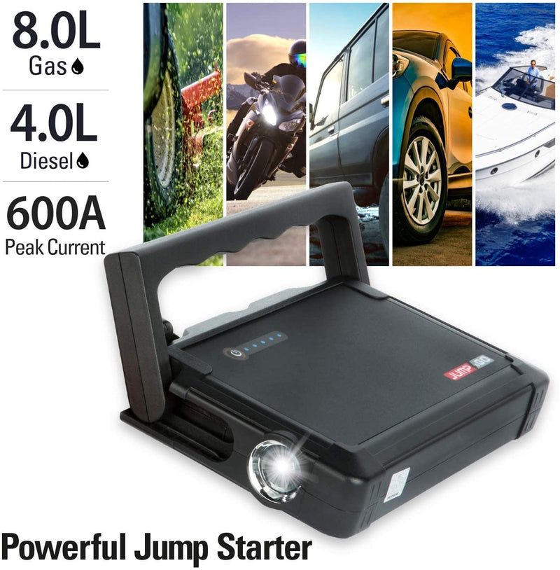 Jump&Go Portable Car Battery Jump Starter set 16,000mAh, 600A Peak, Mini Automotive Power Booster Pack Jumpstarter Powerpack Charger