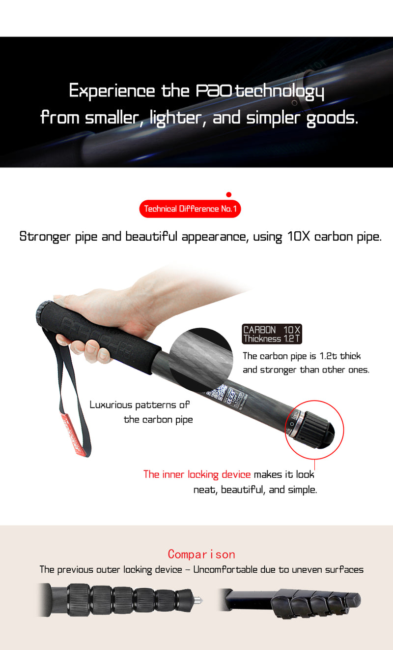 Pao monopod, Paoeger  No. Pmo-354, Weight 250g, Min.H 354mm, Max.H 1505mm, Max.load 5kg, Carbon pipe(10X)